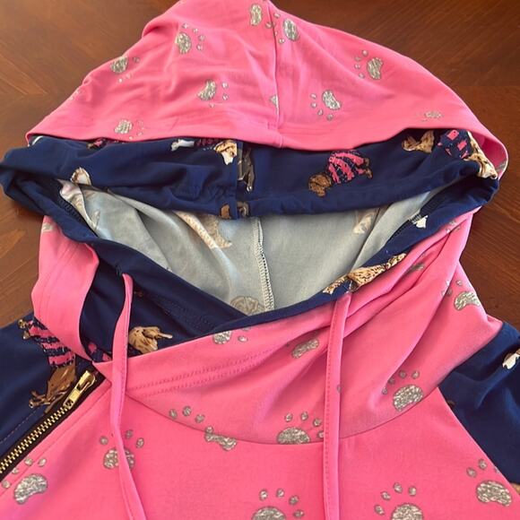 Simply Southern  Dog Print Double Hooded Pullover Top Pink  Woman Size Medium - Picture 7 of 12